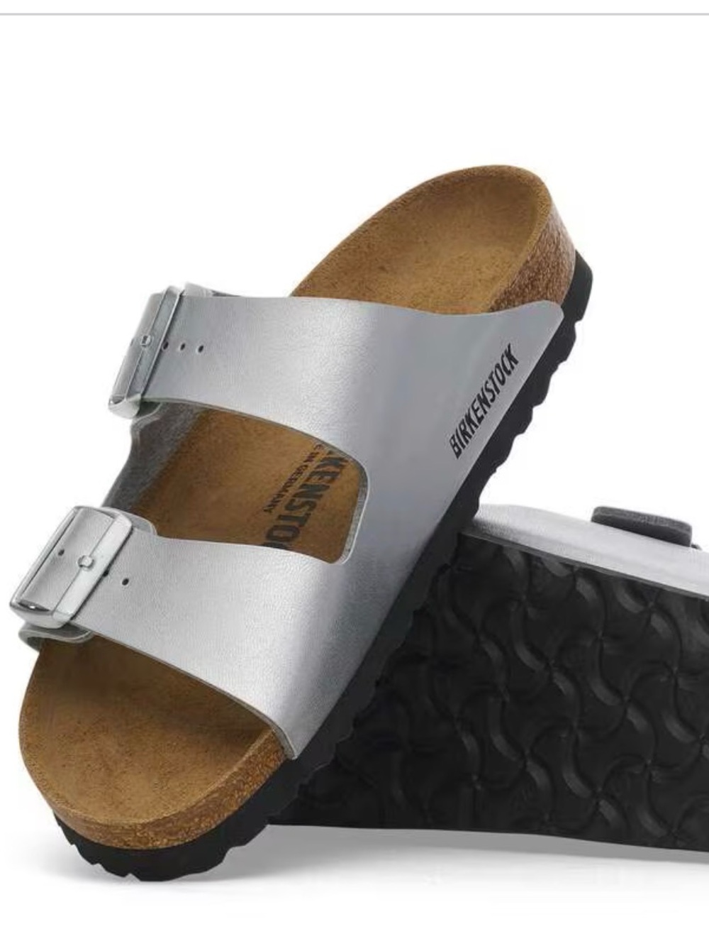 Birkenstock Silver Two‑Strap Arizona Sandals
